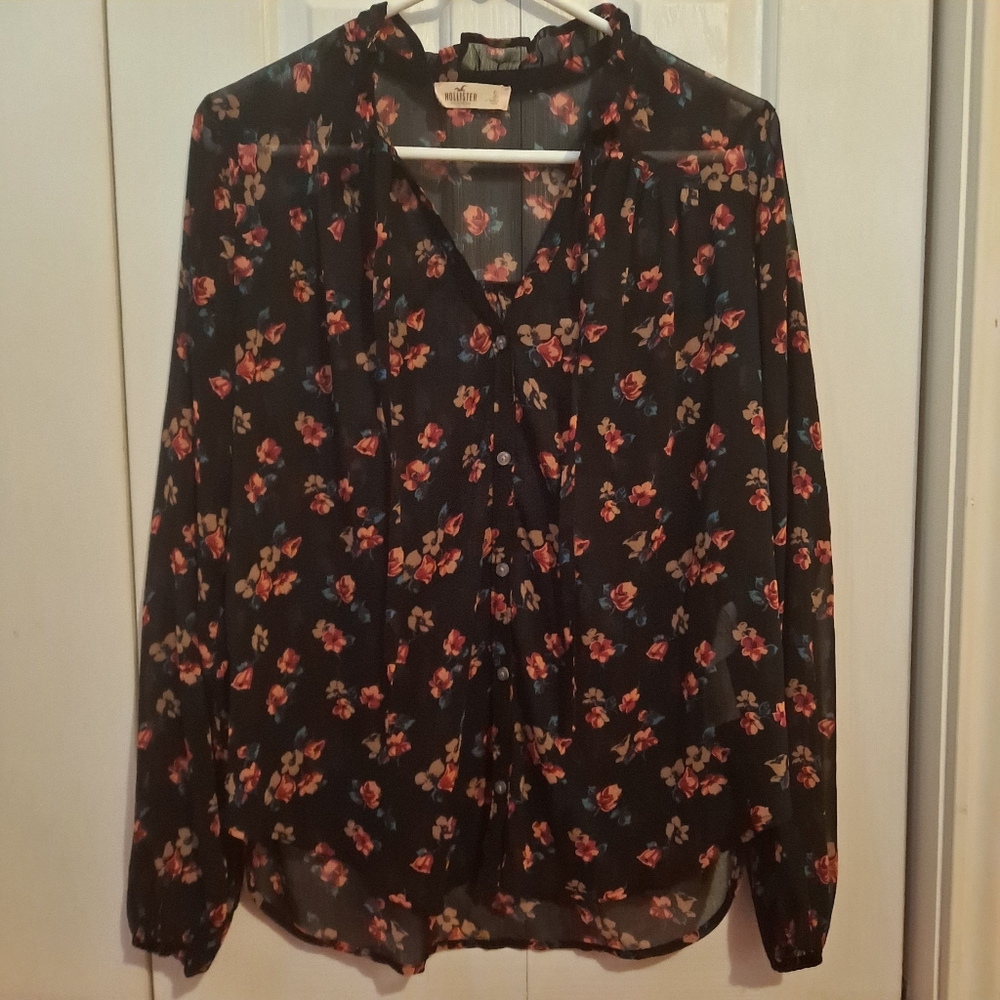 Hollister sheer black floral long-sleeved blouse